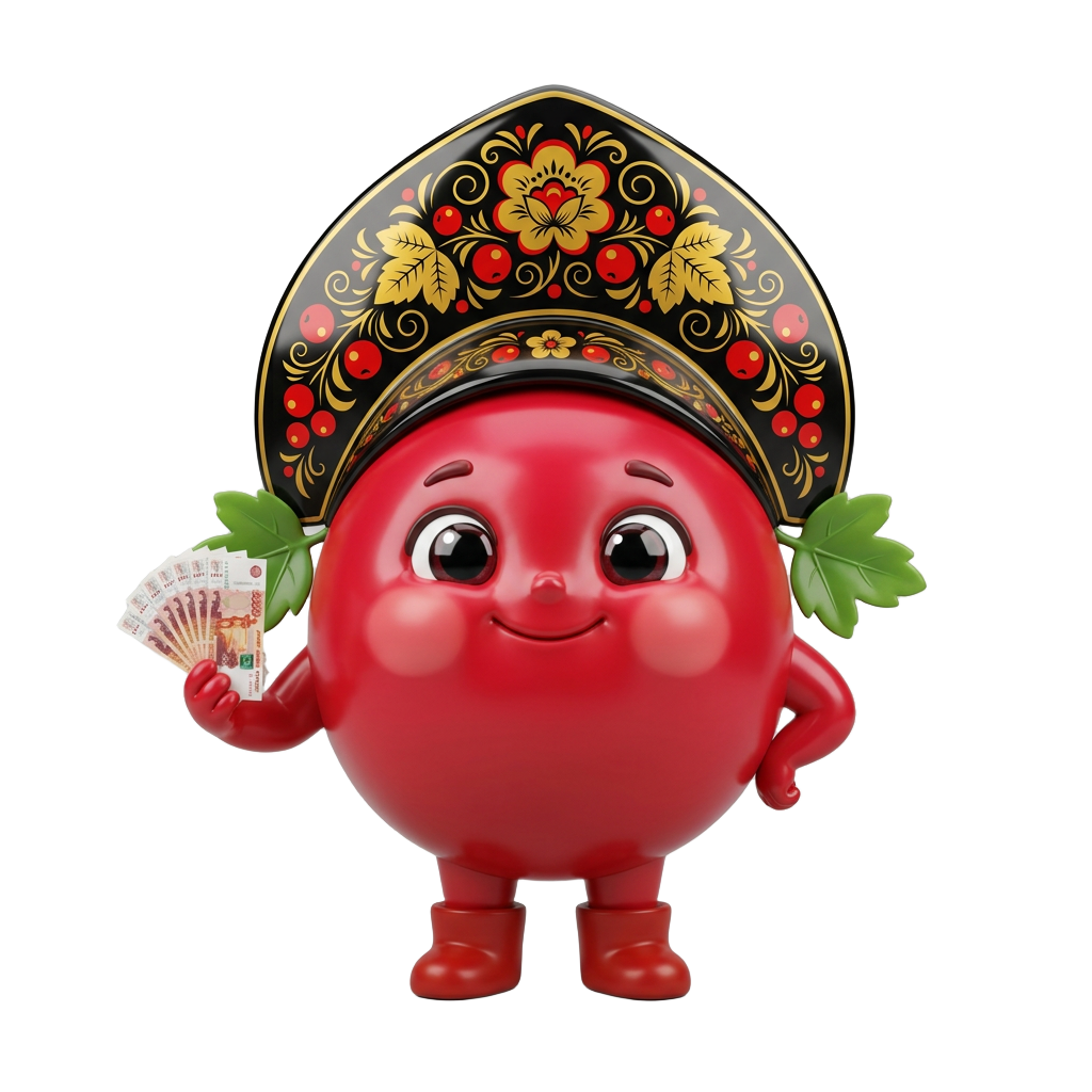 Ягодка Калинка в расписном кокошнике с пачкой рублей — маскот Калинка Мани